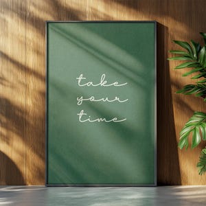 May include: A framed green poster with the words "take your time" in white cursive script. The poster is displayed against a wooden wall with a plant in the background.