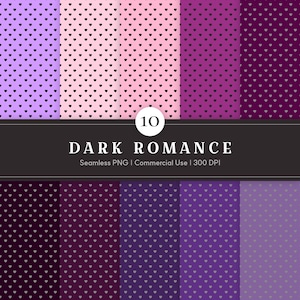 May include: A collection of ten seamless digital patterns featuring small heart motifs in various shades of purple and pink. The central dark gray banner displays the text 10 DARK ROMANCE Seamless PNG | Commercial Use | 300 DPI in white.
