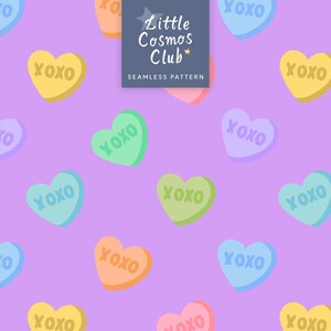 Patrón sin costuras Soft Girl XOXO Conversation Hearts / Papel digital Kawaii Candycore, corazones pastel lavanda, caramelos arcoíris de San Valentín