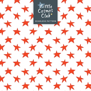May include: Seamless pattern featuring a repeating design of bright red stars on a white background. The image includes a dark blue square with the text "Little Cosmos Club" and "Seamless Pattern".