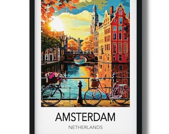 Amsterdam Travel Print  Amsterdam City Landmark Amsterdam Wall Art Amsterdam Decor Amsterdam Colorful Canvas Amsterdam Poster Gift Art