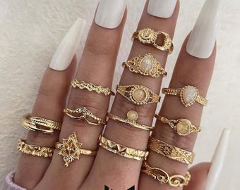 Juego de anillos con piedras preciosas y diamantes de imitación, 15 anillos apilables para mujer, regalo de joyería de cristal bohemio.
