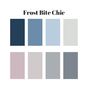 Può includere: Una tavolozza di colori intitolata "Frost Bite Chic" con otto rettangoli colorati. I colori includono sfumature di blu, grigio e un rosa tenue. La disposizione è in due file da quattro, con il testo in alto.