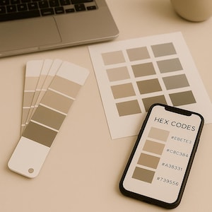 May include: A laptop, colour swatches, and a smartphone displaying HEX codes for various shades of beige and grey are arranged on a neutral-toned surface. The phone shows colour codes like #EBE1E3 and #C8C384. A vase is in the background.
