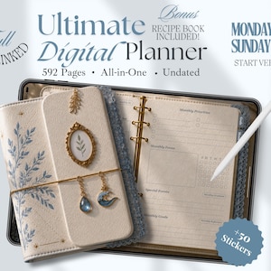 Pode incluir: Um planejador digital Ultimate de 592 páginas, sem data, com capa cor de creme, ilustrações botânicas azuis, pingentes dourados e uma caneta digital correspondente. Inclui um livro de receitas bônus e 50 adesivos digitais.