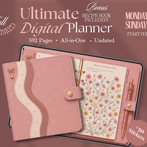Pink Undated Digital Planner, Hyperlinked GoodNotes Planner, All-in-One Life Planner, iPad Planner with Stickers & Recipe Book