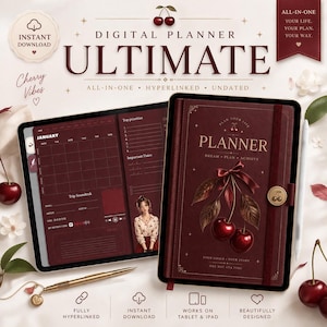Pode incluir: Um planejador digital "ULTIMATE" com capa bordô e detalhes de cereja. O planejador é exibido em um tablet, mostrando suas páginas internas. Inclui "ALL-IN-ONE", "HYPERLINKED" e "INSTANT DOWNLOAD". Projetado para tablets e iPads.