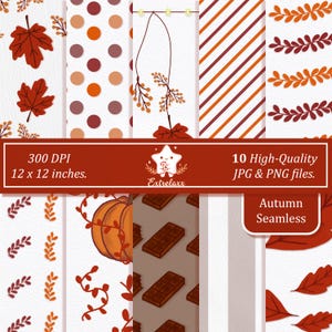 Pode incluir: Uma coleção de dez papéis digitais com tema de outono. Os designs incluem folhas, bolinhas, listras e barras de chocolate. Os papéis medem 30,48 x 30,48 cm e 300 DPI. O texto diz "Autumn Seamless" e "10 High-Quality JPG & PNG files."