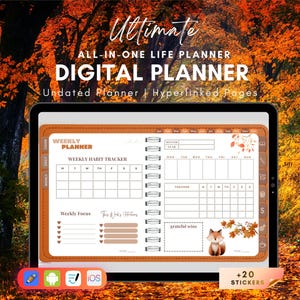 Autumn Digital Planner, Orange Aesthetic Fall iPad Planner, GoodNotes Hyperlinked, Undated Daily Weekly Monthly, Cozy Fox Life Planner, Life