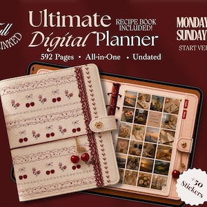 Undated Digital Planner, Hyperlinked Cherry Planner, Cozy Life Planner, All-in-One Planner, Goodnotes Planner, iPad Planner, Digital Journal