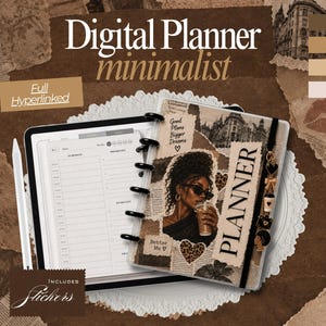 May include: A digital planner with a brown and beige collage cover featuring a person wearing sunglasses and holding a drink, the text "PLANNER", "Good Plans Bigger Dreams", and "Better Me". It includes a black binding, a charm, and a stylus.