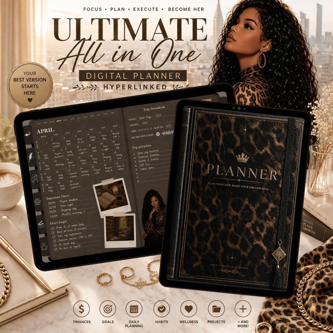Black Girl Digital Planner Dark Mode All in One, Undated Life Planner ...