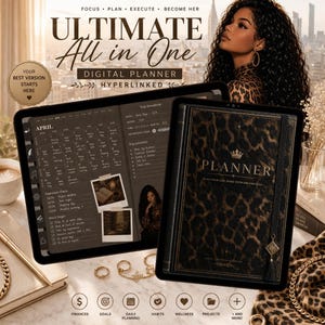Pode incluir: Um "Ultimate All in One Digital Planner" é exibido, com uma capa com estampa de leopardo e a palavra "Planner". O planejador está aberto, revelando um calendário e anotações. O texto "Focus, Plan, Execute, Become Her" também é visível.