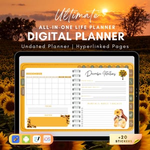 Ultimate Digital Planner Yellow, Aesthetic Sunflower Planner For iPad, GoodNotes Hyperlinked, Undated Daily Weekly Monthly, Honey Theme Life