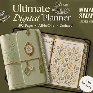 May include: A sage green digital planner with a floral embossed cover, gold charms, and a lace trim. The open page displays a botanical illustration of yellow and green tulips with the text Bloom One Day at a Time. Includes 592 pages, hyperlinked navigation, and a bonus recipe book.