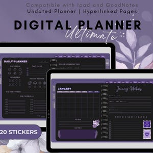 Dark mode Digital Planner Purple, iPad GoodNotes Hyperlinked, Undated Daily Weekly Monthly, Aesthetic Lilac Dark Theme, Digital life Planner