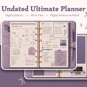 May include: An undated digital planner with a purple cover, featuring a monthly calendar view for January, a daily task list, habit trackers, and goal sections. The planner includes a gold ring binder mechanism, a matching purple pen, and digital stickers.