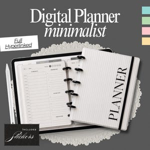 May include: A digital planner with a white striped cover featuring the word PLANNER in black text and a black elastic band. The open planner displays a daily schedule, priorities, and to-do list. Includes a white stylus and a label stating Full Hyperlinked.