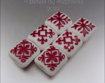 DAMASK SCROLLS - Red & White – Sandblasted Bead Set  –  Made to Order - by Stephanie Gough sra