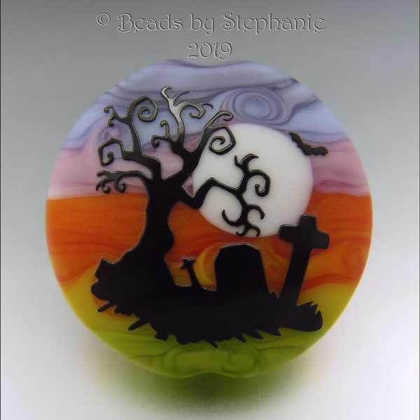 SPOOKY CEMETERY –  Sandblasted Lampwork Focal Bead  –  Made to Order - Halloween Pendant Bead - by Stephanie Gough sra fhfteam leteam