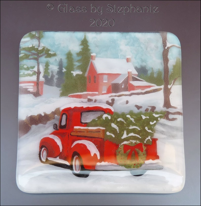 RED CHRISTMAS TRUCK Coaster Set Hand painted and Fused Glass Coasters by Stephanie Gough sra fhfteam leteam image 4