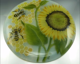 SUNFLOWER - Bees & Honeycomb - Art Glass "Plate" Display by Stephanie Gough sra fhfteam leteam