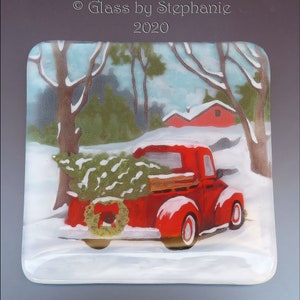 RED CHRISTMAS TRUCK Coaster Set Hand painted and Fused Glass Coasters by Stephanie Gough sra fhfteam leteam image 3