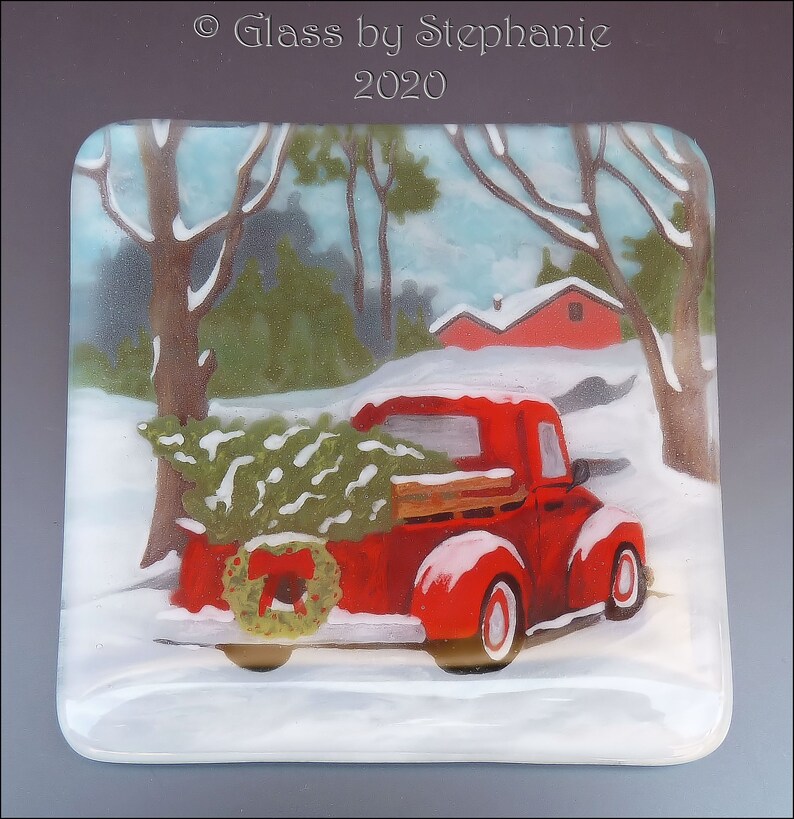 RED CHRISTMAS TRUCK Coaster Set Hand painted and Fused Glass Coasters by Stephanie Gough sra fhfteam leteam image 3