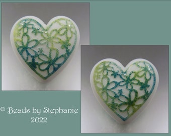 DAISY DAISY – Spring Heart – Sandblasted Lampwork Focal Bead – Ready to Ship - by Stephanie Gough sra