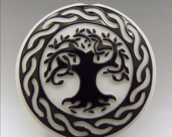 CELTIC TREE – Black & White - Sandblasted Lentil Focal Bead - Made to Order - Lampwork Pendant Bead - by Stephanie Gough sra fhfteam leteam