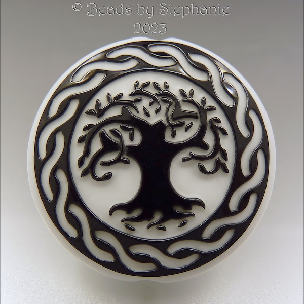 CELTIC TREE – Black & White - Sandblasted Lentil Focal Bead - Made to Order - Lampwork Pendant Bead - by Stephanie Gough sra fhfteam leteam