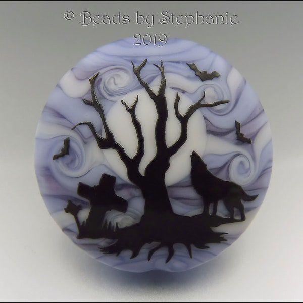 HOWL at the MOON –  Sandblasted Lampwork Focal Bead  –  Made to Order - Halloween Pendant Bead - by Stephanie Gough sra fhfteam leteam