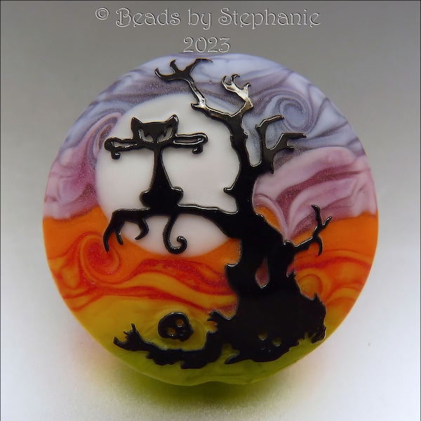 SPOOKY CAT up a TREE –  Sandblasted Lampwork Focal Bead  –  Made to Order - Halloween Pendant Bead - by Stephanie Gough sra fhfteam leteam