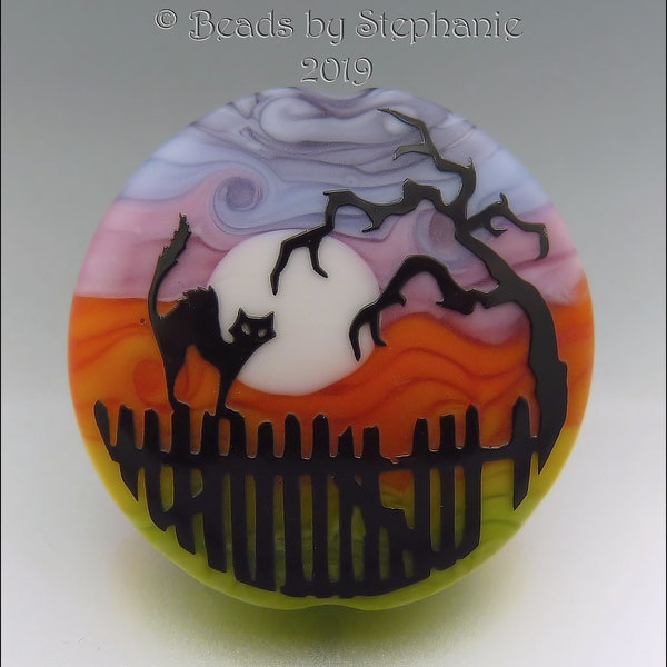 SPOOKY CAT on a FENCE –  Sandblasted Lampwork Focal Bead  –  Made to Order - Halloween Pendant Bead - by Stephanie Gough sra fhfteam leteam