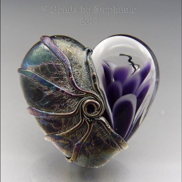 PURPLE AND METAL - Hearts & Flowers Series -  Made to Order - Lampwork Heart Pendant Bead - by Stephanie Gough sra fhfteam leteam