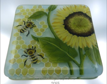 SUNFLOWER - Bees & Honeycomb – Hand painted and Fused Glass Coaster - by Stephanie Gough sra fhfteam leteam