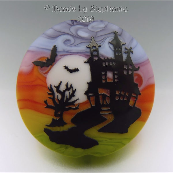 HAUNTED HOUSE –  Sandblasted Lampwork Focal Bead  –  Made to Order - Halloween Pendant Bead - by Stephanie Gough sra fhfteam leteam