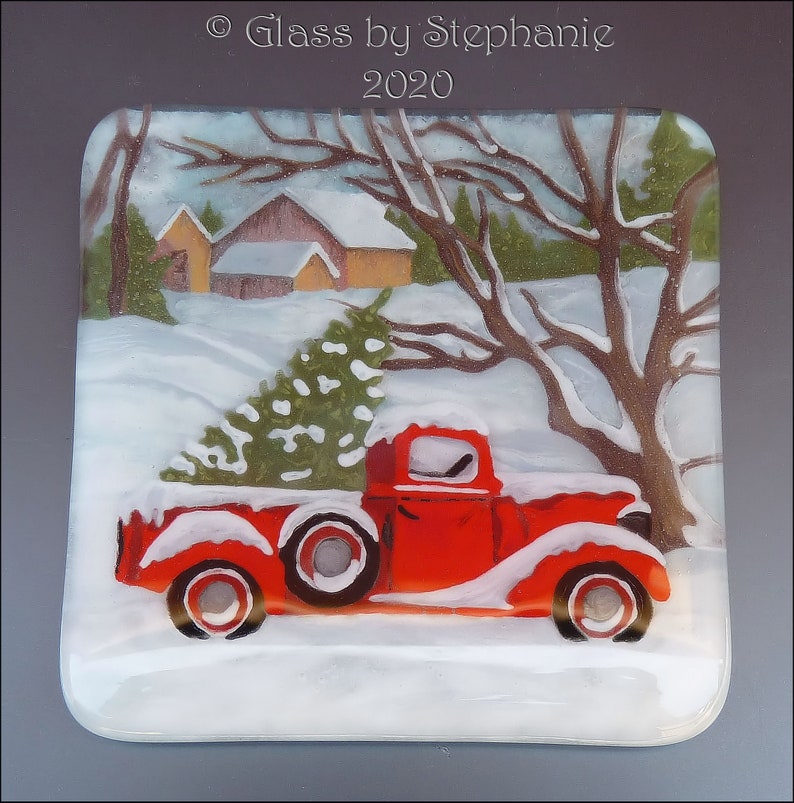 RED CHRISTMAS TRUCK Coaster Set Hand painted and Fused Glass Coasters by Stephanie Gough sra fhfteam leteam image 5