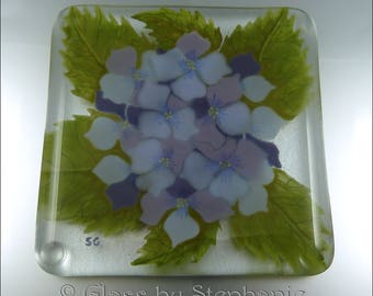 HYDRANGEA COASTER - PURPLES – Handpainted and Fused Glass Coaster - by Stephanie Gough sra fhfteam leteam