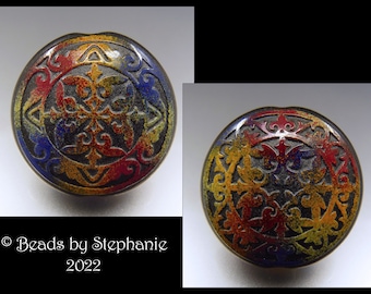 SCROLLS - Black, Orange, Red & Blue –  Sandblasted Lampwork Focal Bead  –  Made to Order - by Stephanie Gough sra