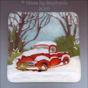 RED CHRISTMAS TRUCK Coaster Set Hand painted and Fused Glass Coasters by Stephanie Gough sra fhfteam leteam image 2