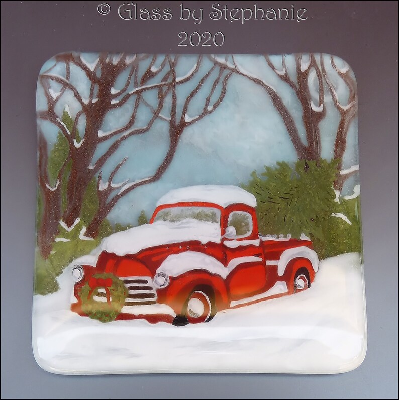 RED CHRISTMAS TRUCK Coaster Set Hand painted and Fused Glass Coasters by Stephanie Gough sra fhfteam leteam image 2