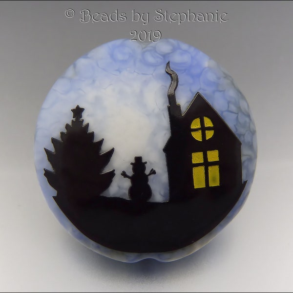 NIGHT-TIME SNOWMAN –  Sandblasted Lampwork Focal Bead  –  Made to Order - Christmas Pendant Bead - by Stephanie Gough sra fhfteam leteam