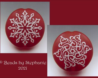 SNOWFLAKE - RED VELVET –  Sandblasted Lampwork Focal Bead  –  Made to Order - Christmas Pendant Bead - by Stephanie Gough sra fhfteam leteam