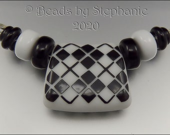 BLACK & WHITE ARGYLE Pattern Focal Bead and Spacers -  Made to Order - Lampwork Pendant Bead - by Stephanie Gough sra fhfteam