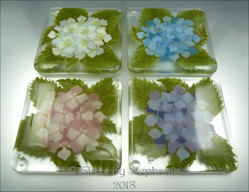 HYDRANGEA COASTER TURQUOISE Hand painted and Fused Glass Coaster by Stephanie Gough sra fhfteam leteam image 2