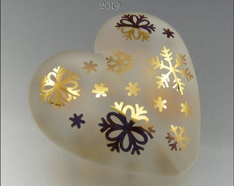 GOLDEN SNOWFLAKES – Sandblasted Heart Bead – Made to Order - Lampwork Pendant Bead  Focal Handmade Supplies - by Stephanie Gough sra