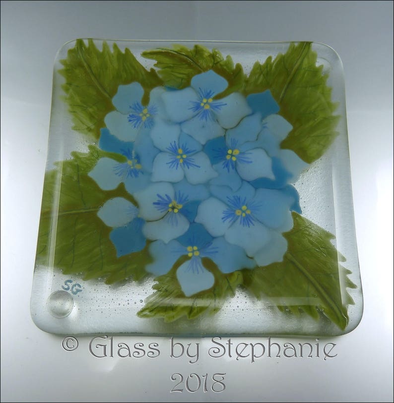 HYDRANGEA COASTER TURQUOISE Hand painted and Fused Glass Coaster by Stephanie Gough sra fhfteam leteam image 1