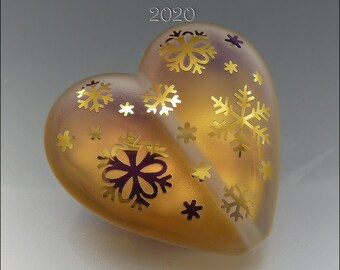 GOLDEN GLOWING SNOWFLAKES - xl size – Sandblasted Heart Bead – Made to Order - Lampwork Pendant Bead  Focal - by Stephanie Gough sra