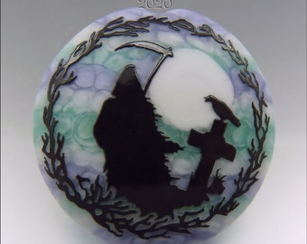 GRIM REAPER - Sandblasted Lampwork Focal Bead  –  Made to Order - Halloween Pendant Bead - by Stephanie Gough sra fhfteam leteam